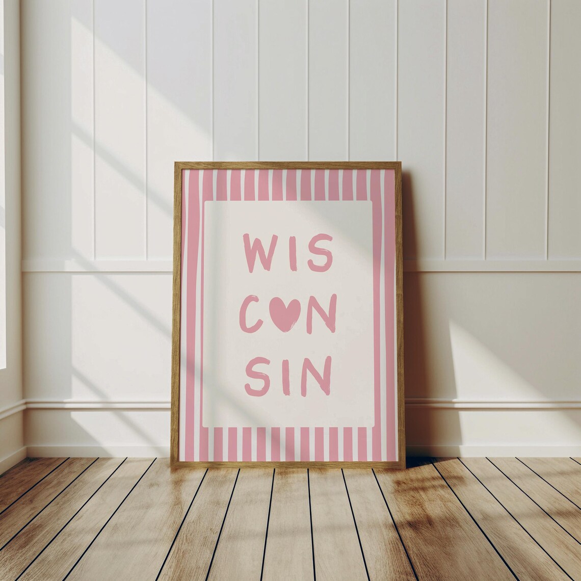 Wisconsin Pink Striped Preppy College State Typography Wall Art