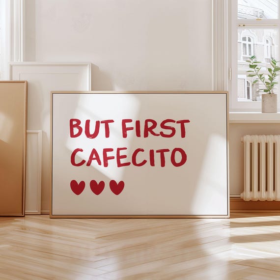But First Cafecito Wall Art Print Minimalist Poster Spanish Kitchen Decor Trendy Coffee Wall Art Cafecito Wall Art Red Horizontal