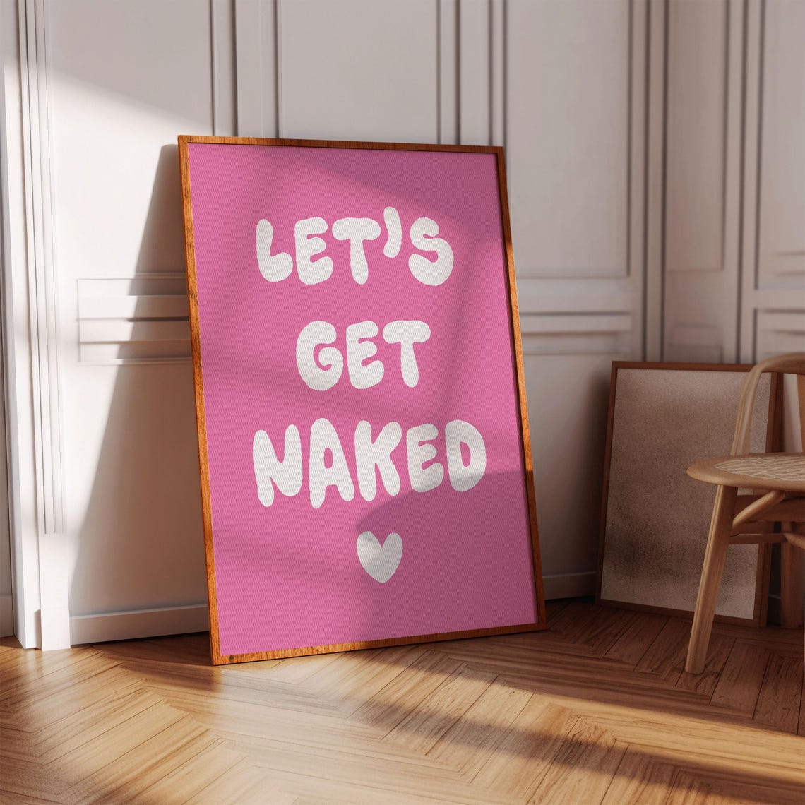 Lets Get Naked Bold White Bubble Letters Pink Bathroom Poster