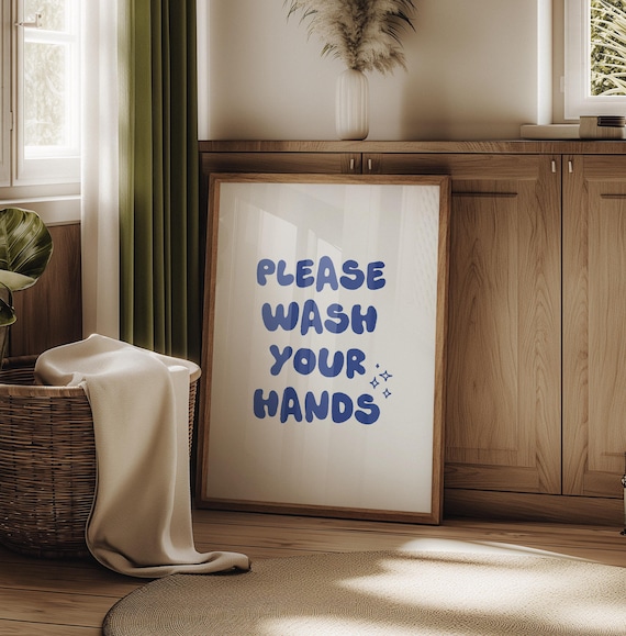 Please Wash Your Hands Sign Print Light Blue Aesthetic Bathroom Wall Art Cute Minimalist Poster Trendy Bathroom Decor Sign Restroom Prints