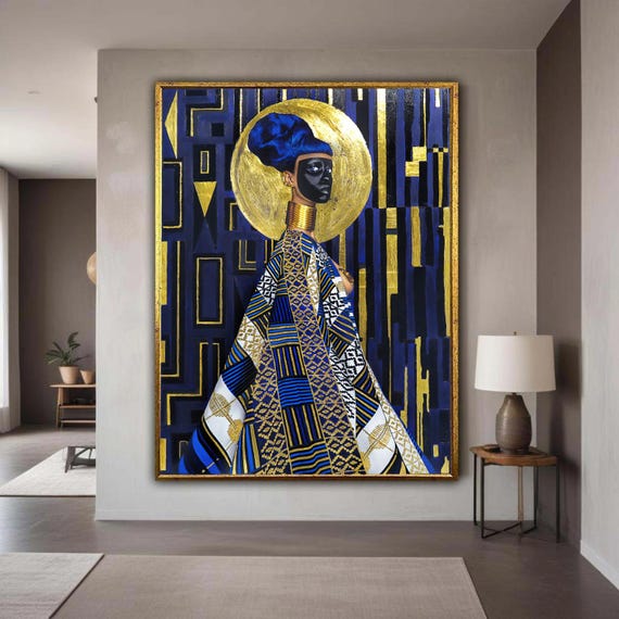Modern African Elegance Canvas Blue And Gold Ethnic Wall Art Abstract Portrait Painting Bold Geometric Decor Gift Home