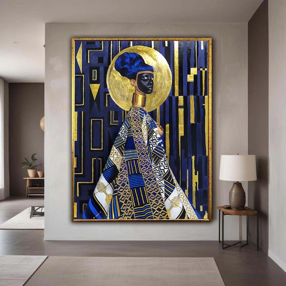 Regal African Queen With Gold Halo Blue And Gold Portrait Poster