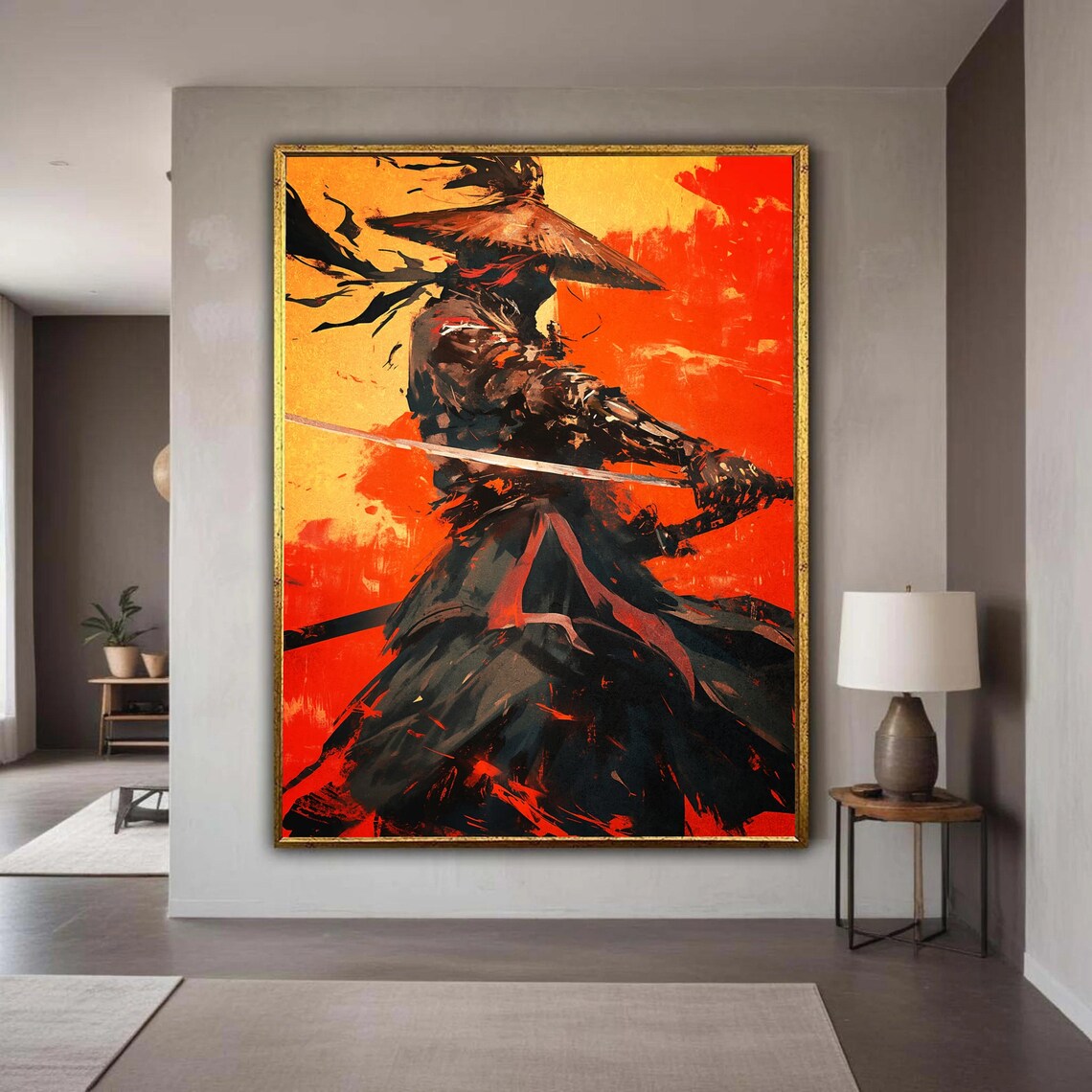 Samurai Swordsman Straw Hat Fiery Ink Brush Japanese Art Poster