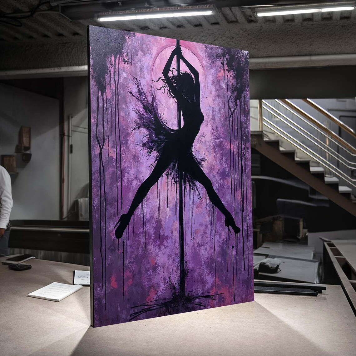 Pole Dance Silhouette Purple Moon Dramatic Dancer Canvas Wall Art