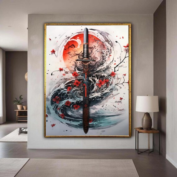 Katana Sword Red Sun Ink Wave Japanese Samurai Warrior Art Wall Print