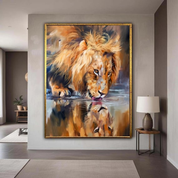 Majestic Lion Drinking Water Canvas Wildlife Wall Art Animal Nature Painting Safari Decor Large Print Gift Home