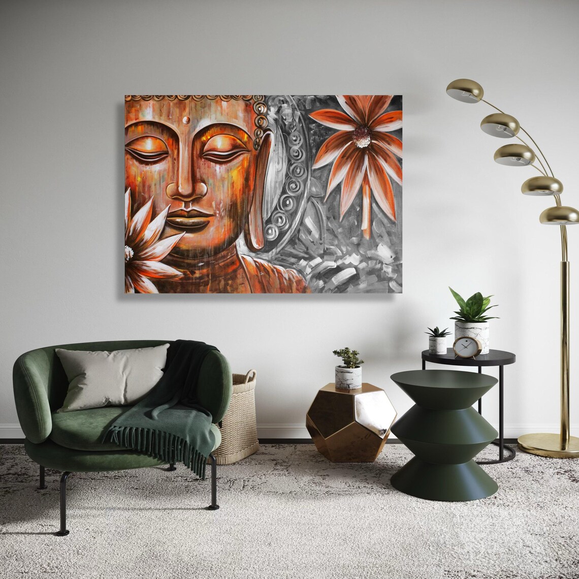 Copper Buddha Face Orange Floral Abstract Spiritual Painting Poster