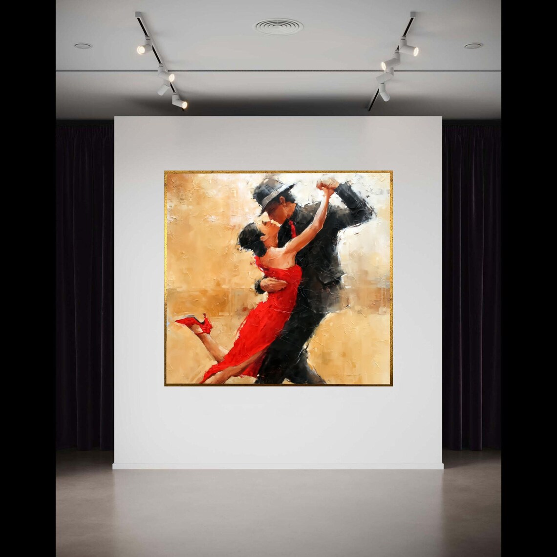 Tango Dance Couple Red Dress Golden Background Oil Painting Poster