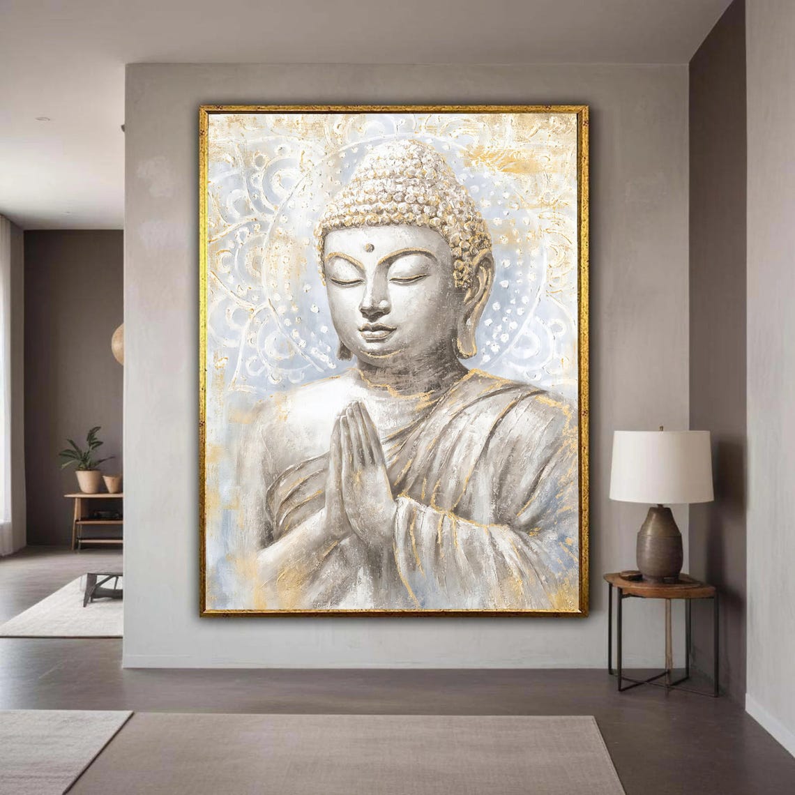 Serene Buddha Canvas Wall Art Meditative Statue Painting Spiritual Home Decor Tranquil Zen Artwork Praying Hands Gift