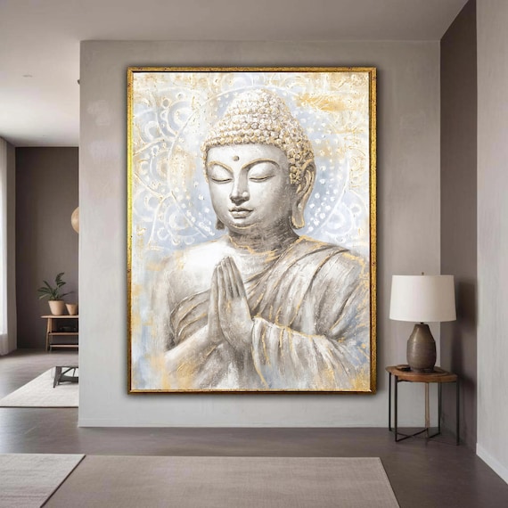 Serene Buddha Canvas Wall Art Meditative Statue Painting Spiritual Home Decor Tranquil Zen Artwork Praying Hands Gift