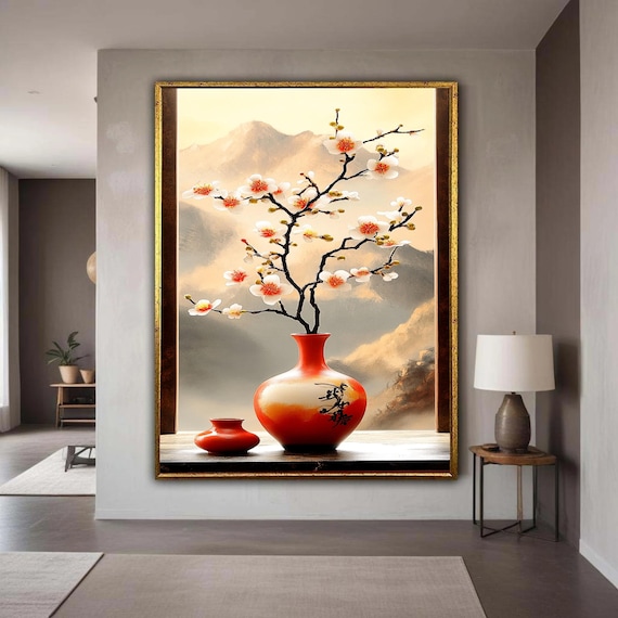 Cherry Blossom Branches Red Vase Asian Mountains Still Life Poster