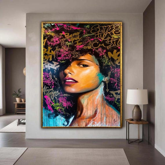 Urban Graffiti Portrait Canvas Woman Face Wall Art Street Style Colorful Contemporary Modern Home Gift Decor