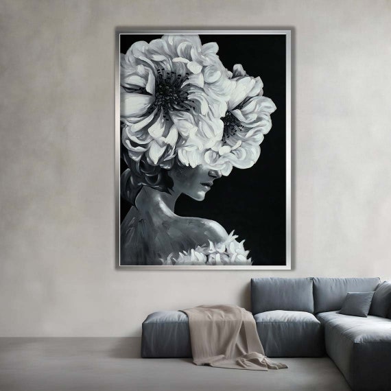 Black White Flowerhead Woman Canvas Print Minimalist Monochrome Wall Art Modern Elegant Bedroom Or Office Dcor