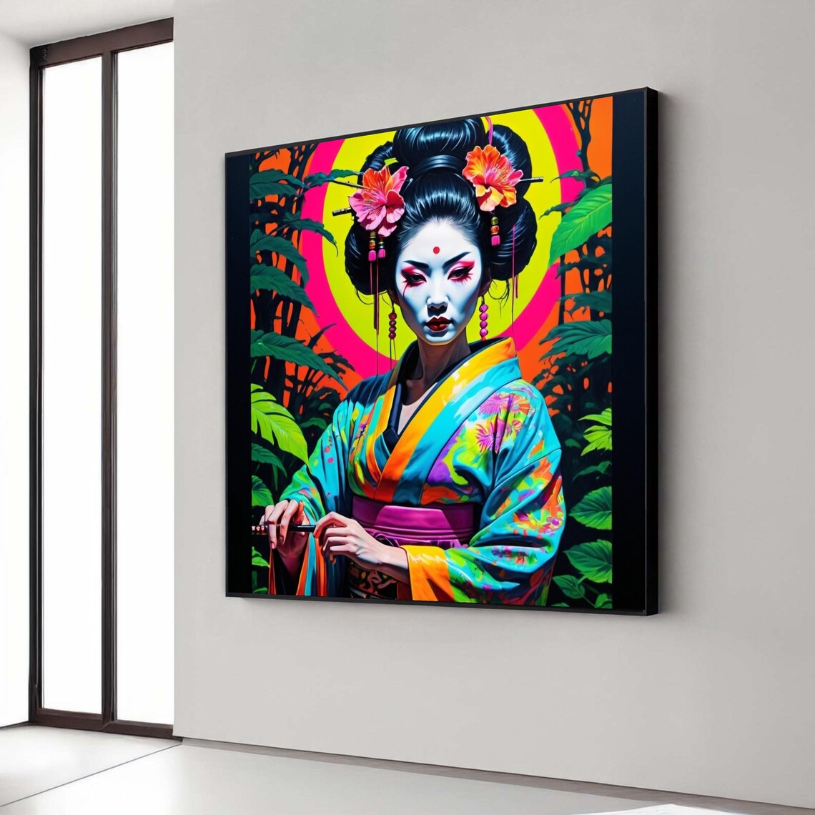Vibrant Neon Geisha Portrait With Bamboo And Blooming Flowers Poster