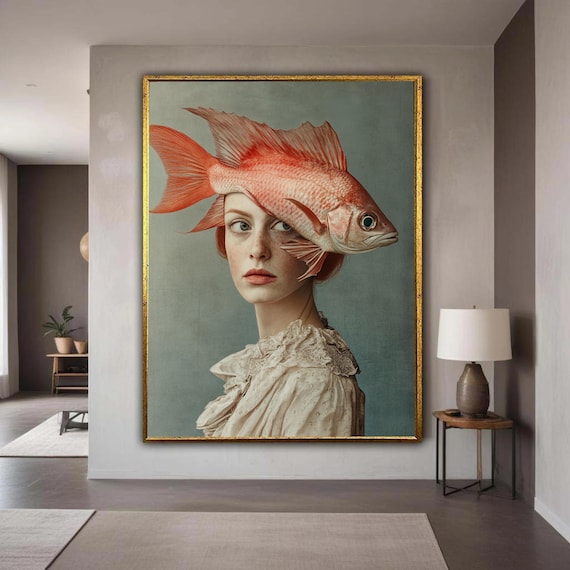 Surreal Woman Portrait With Large Red Fish Hat Vintage Style Poster