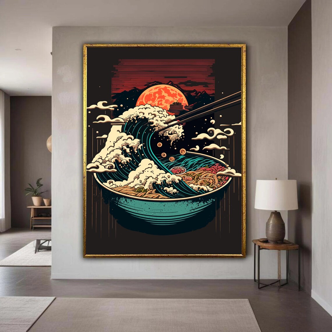 Japanese Ramen Wave Bowl Ukiyo-e Inspired Red Sun Art Poster