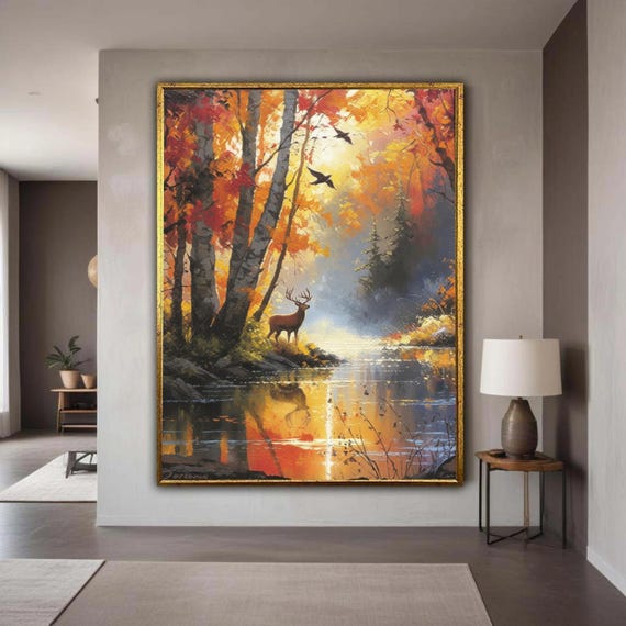 Autumn Forest Deer River Canvas Print Wildlife Landscape Art Golden Orange Birch Trees Painting Serene Nature Wall Decor Gift