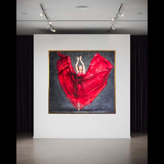 Elegant Ballet Dancer In Flowing Red Dress Canvas Dance Wall Art Graceful Movement Print Modern Home Gift Decor
