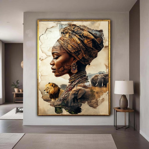 African Woman Double Exposure Lion Elephant Wildlife Portrait Wall Print