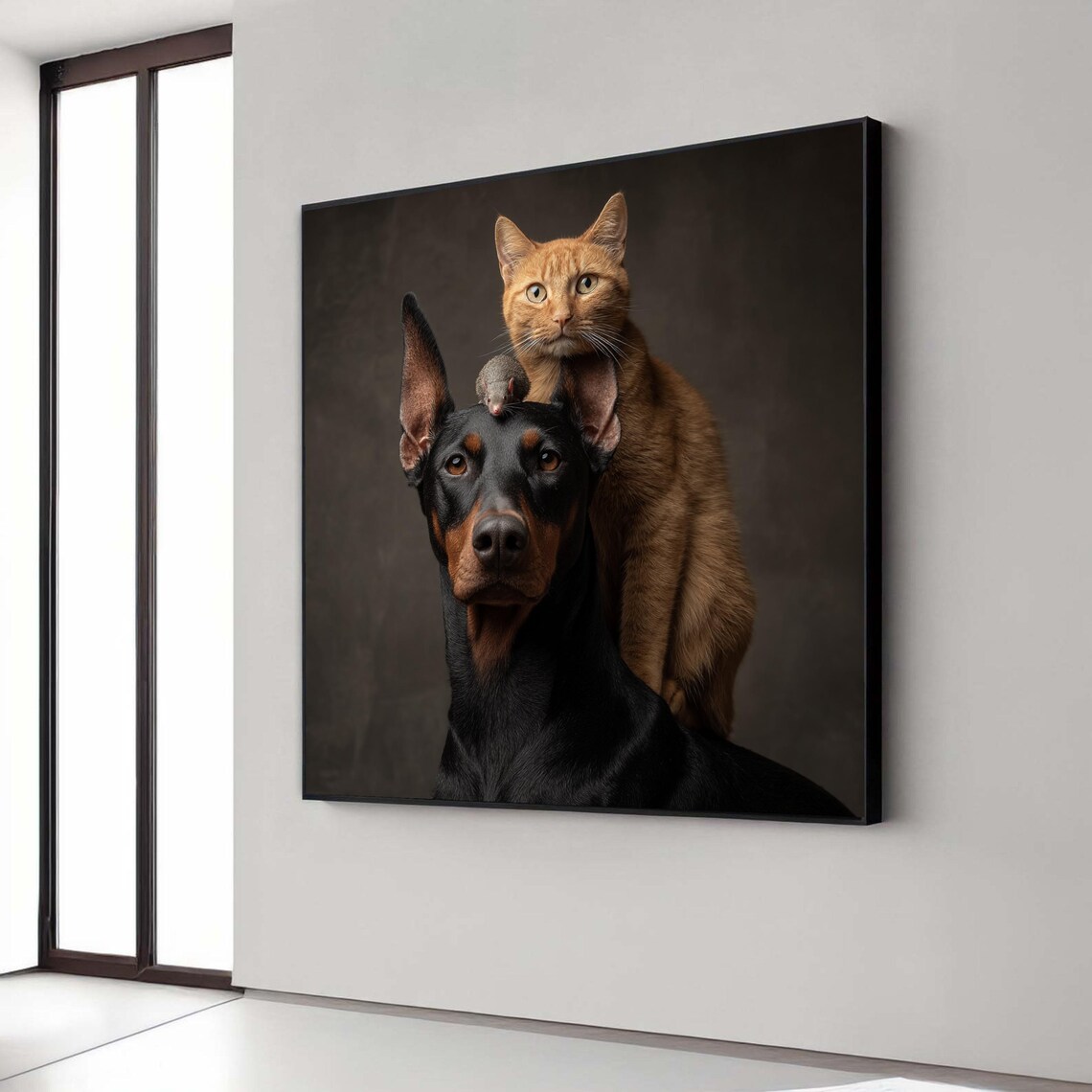 Doberman Cat and Mouse Trio Portrait Funny Animal Friendship Poster