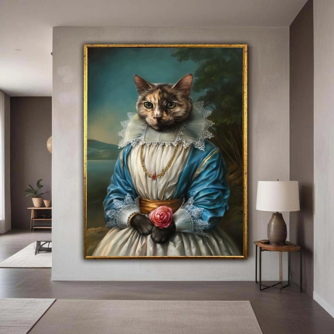 Elegant Cat Renaissance Lady Dress Portrait Victorian Art Poster