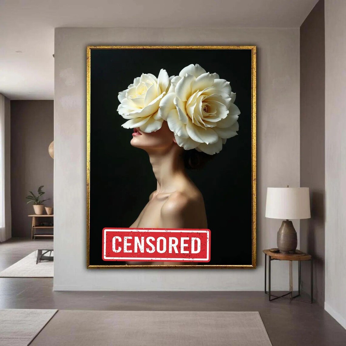 Nude Woman Giant White Roses Surreal Floral Cover Fine Art Poster