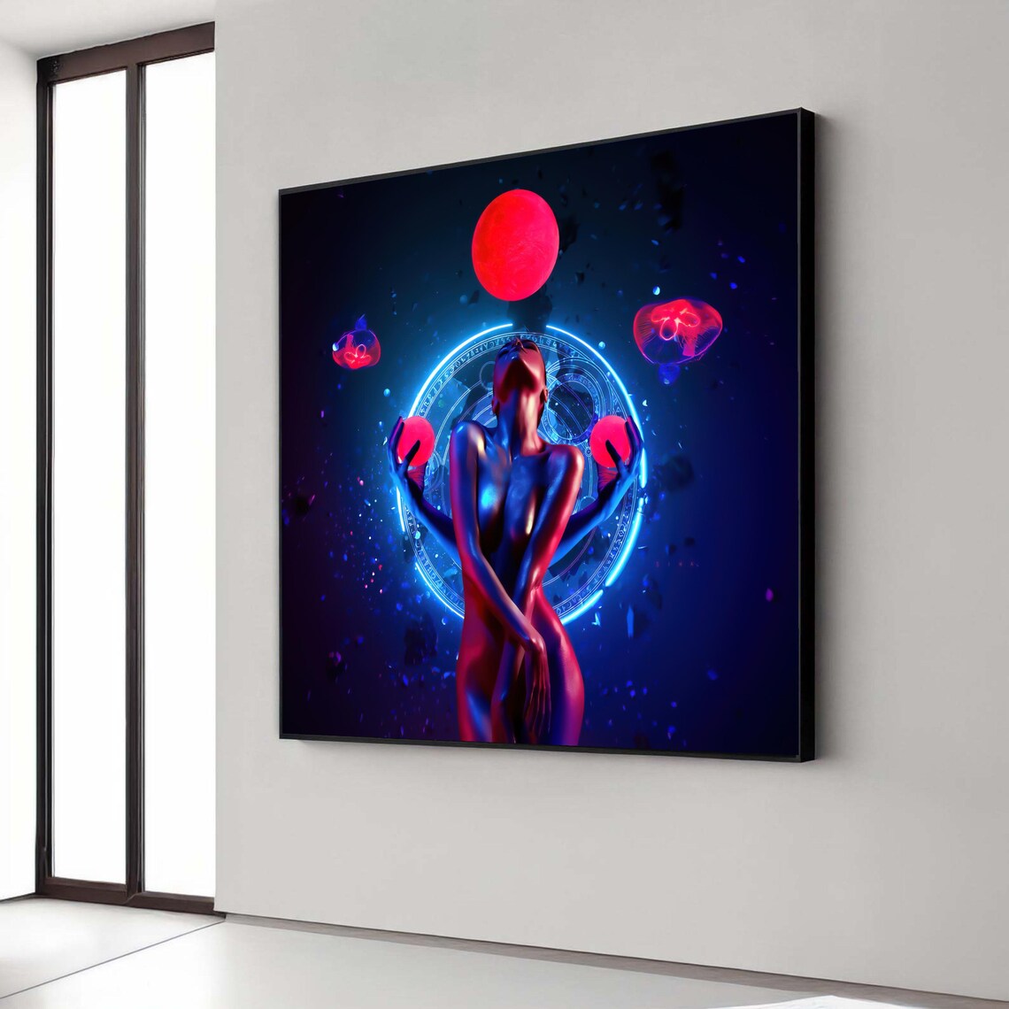 Neon Cyberpunk Woman Red Moon Cosmic Glow Digital Art Poster