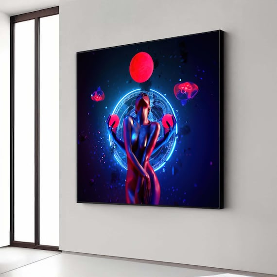 Neon Cyberpunk Woman Red Moon Cosmic Glow Digital Art Poster