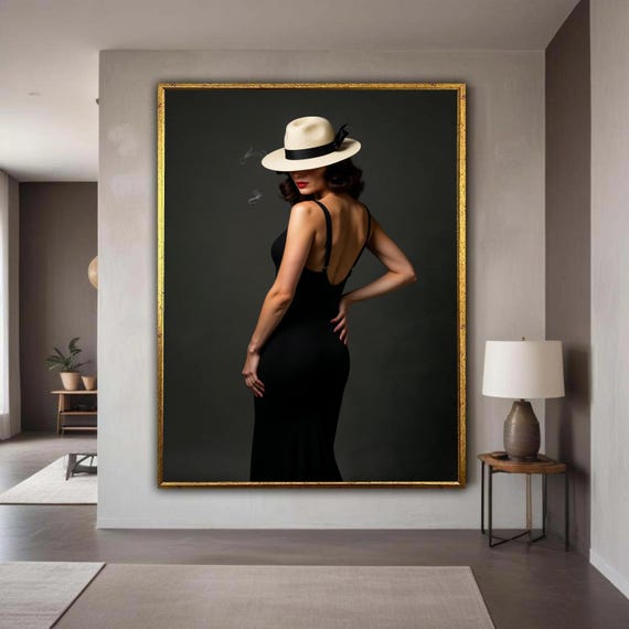 Elegant Woman In Black Dress And Fedora Hat Retro Glamour Canvas Wall Art Vintage Style Portrait Fashion Home Decor Gift