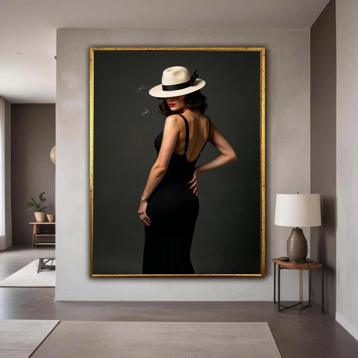 Woman in Black Backless Dress White Fedora Retro Glamour Style Art Poster