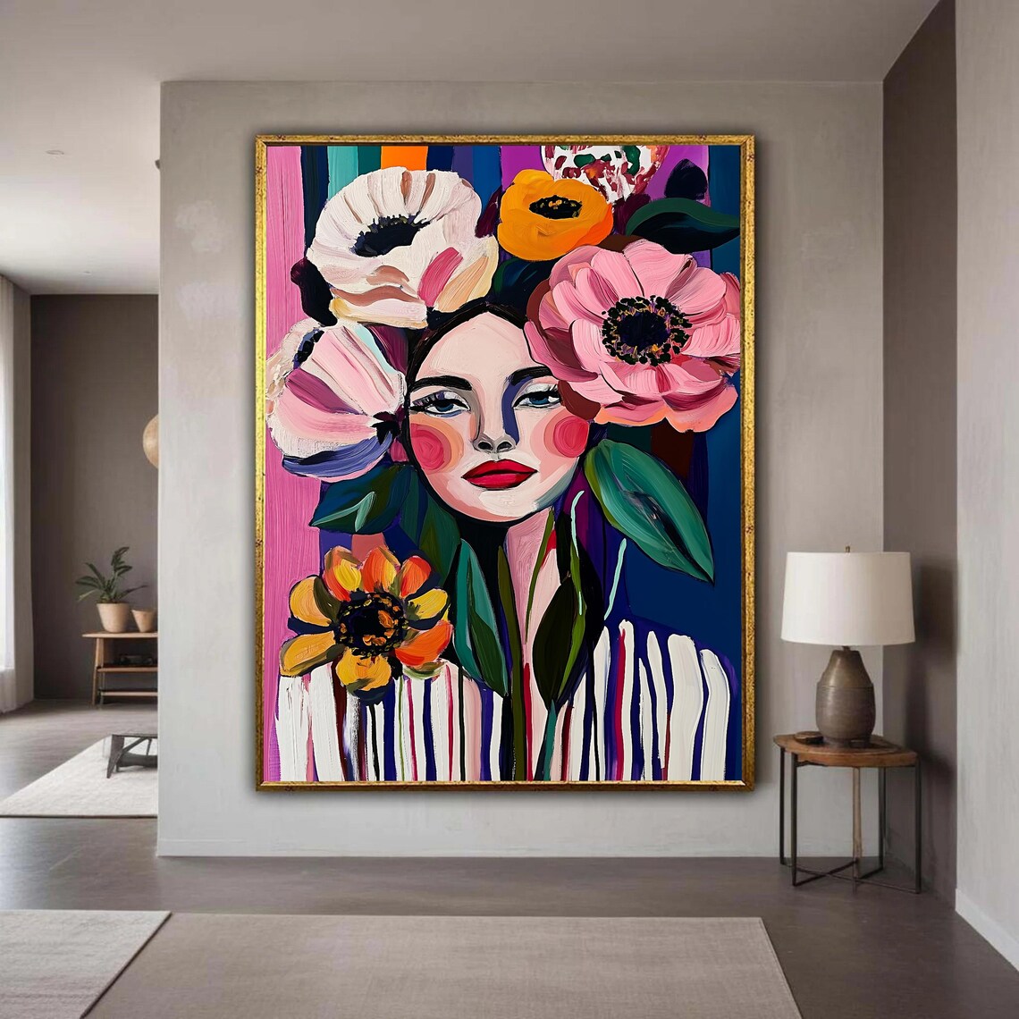 Woman Floral Headdress Expressive Portrait Colorful Folk Style Wall Art