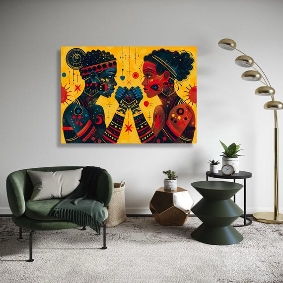 African Inspired Art Print Love And Unity Figures Canvas Vibrant Cultural Connection Wall Decor Modern Folk Couple Symbolic Artwork