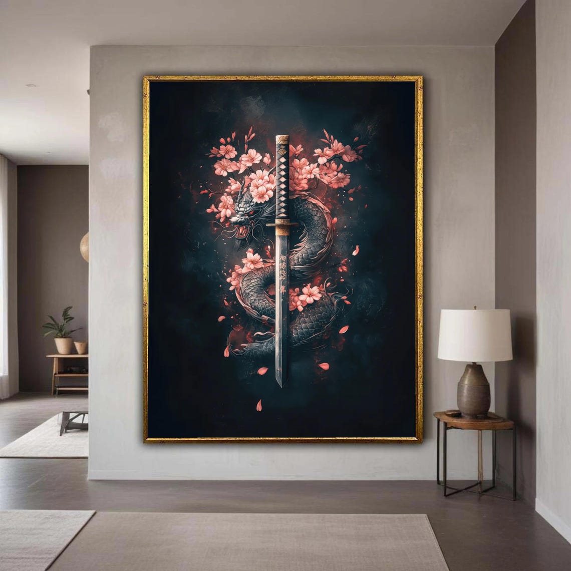 Japanese Katana Sword With Dragon And Cherry Blossoms Canvas Samurai Wall Art Asian Mythology Decor Martial Arts Gift Home