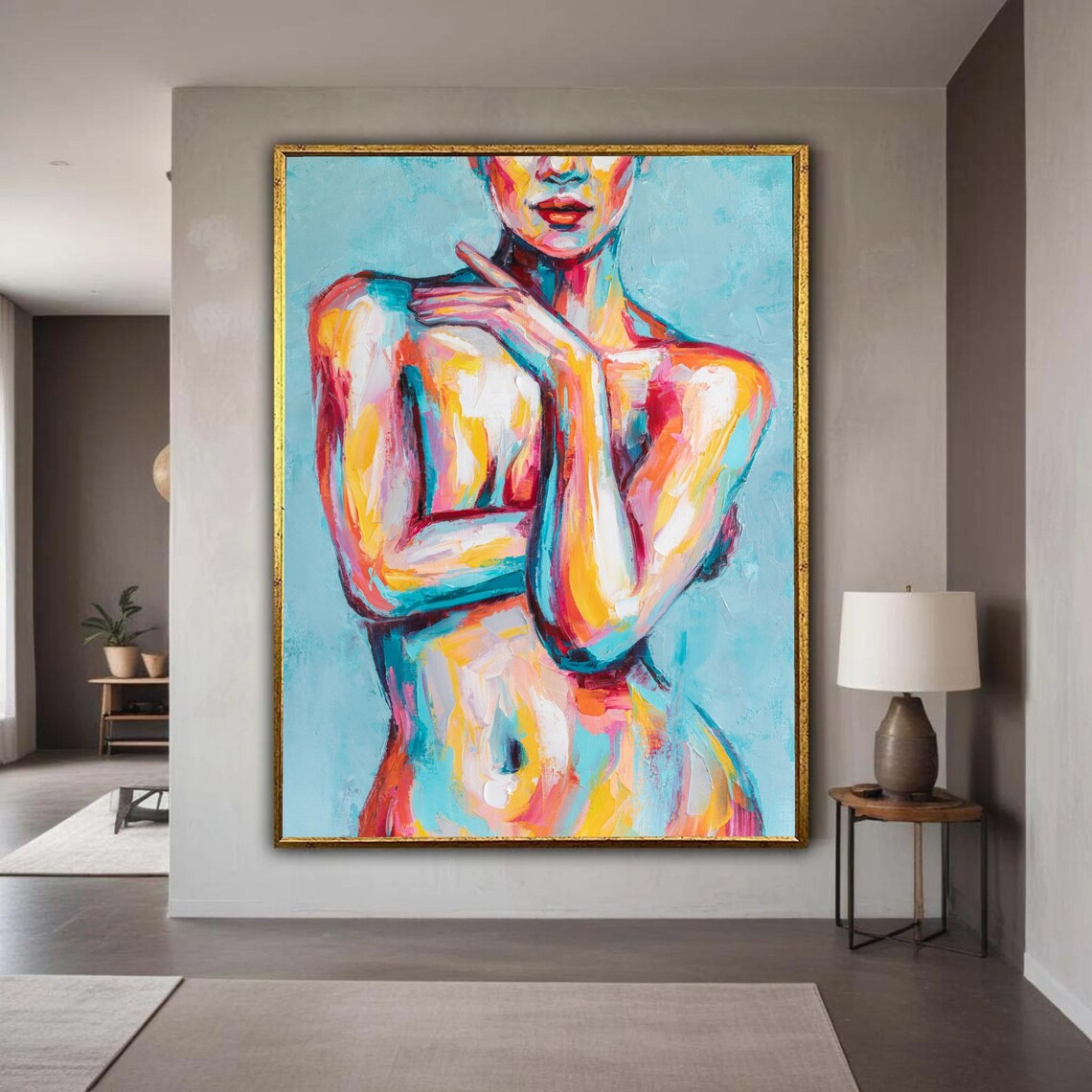 Female Figure in Fiery Orange and Teal Bold Expressive Abstract Painting Poster