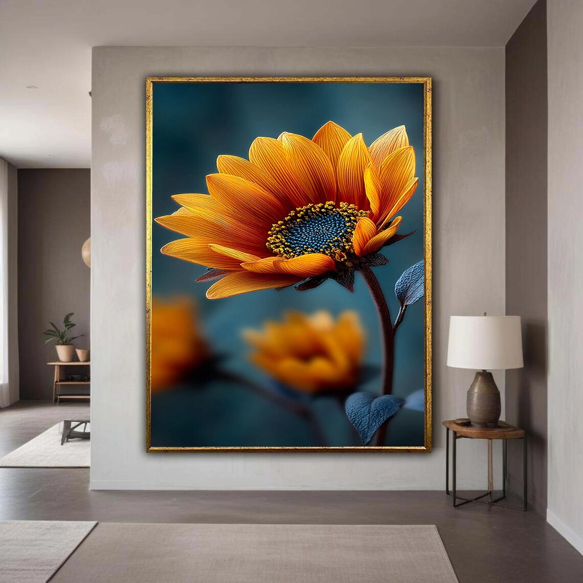 Bold Sunflower Close Up on Teal Blue Background Cheerful Floral Wall Art