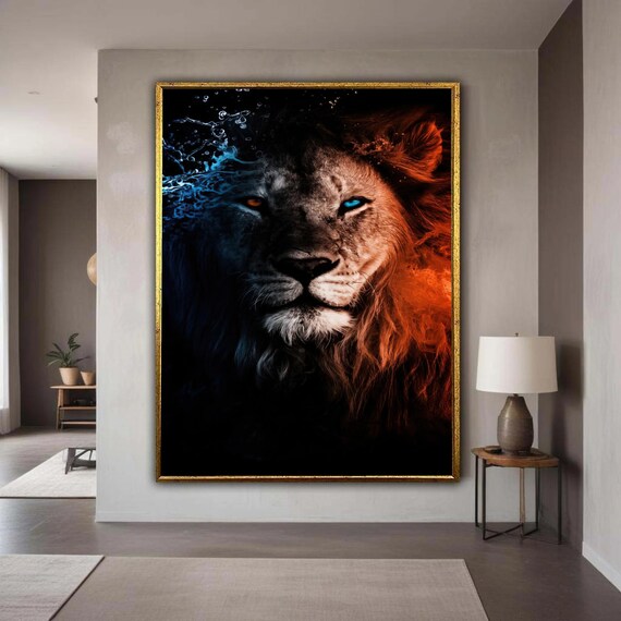 Dual Element Lion Canvas Wall Art Fire And Water Contrast Animal Portrait Modern Wildlife Gift Home Decor