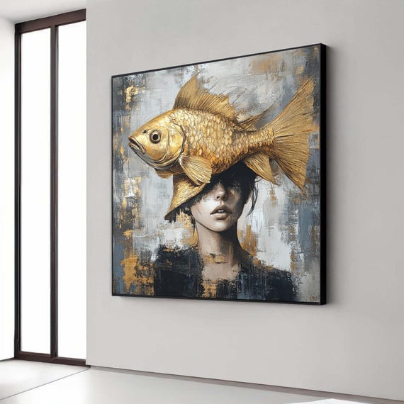 Surreal Woman With Gold Fish Hat Canvas Modern Abstract Portrait Art Unique Statement Wall Decor Contemporary Gift Home