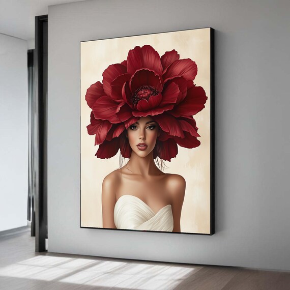 Woman With Red Peony Flower Head Surreal Elegant Fashion Art Poster