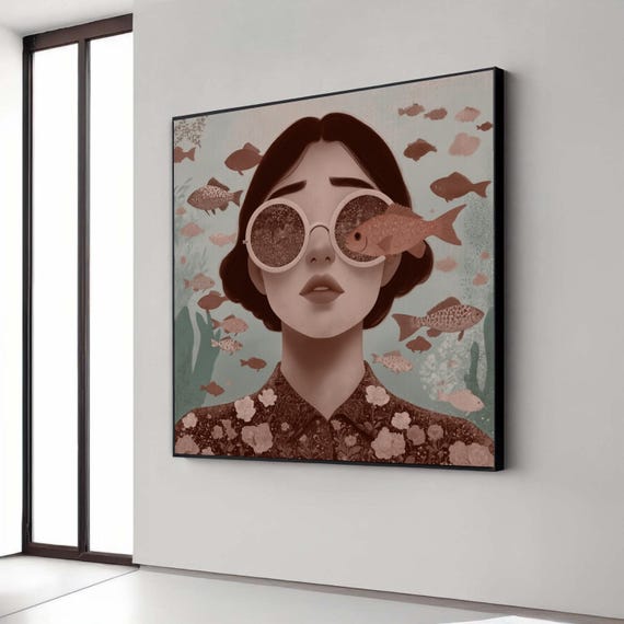 Surreal Underwater Vision Woman With Fish Glasses Canvas Aquatic Themed Wall Art Modern Artistic Portrait Gift Home Decor