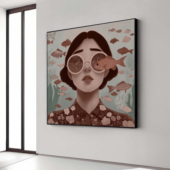 Surreal Underwater Vision Woman With Fish Glasses Copper Teal Poster