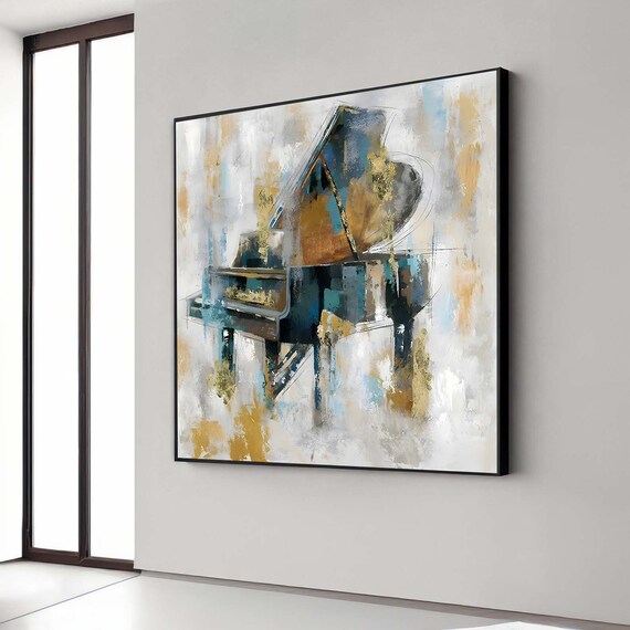 Modern Abstract Grand Piano Blue Gold Brushstroke Music Canvas Poster