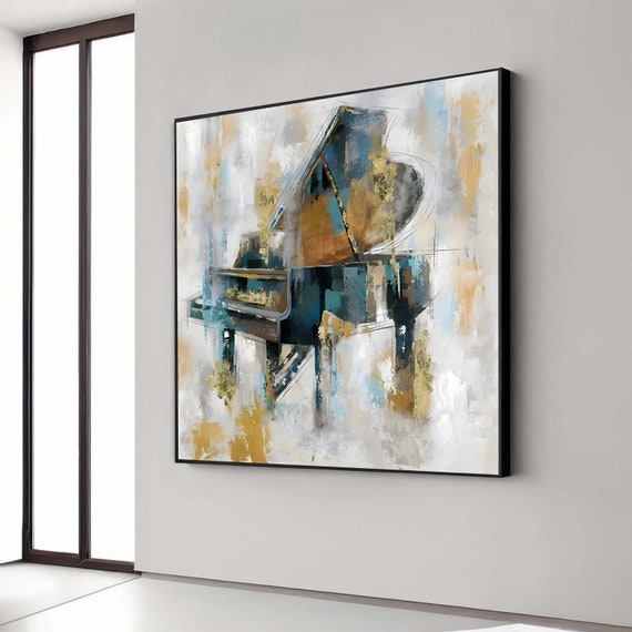 Modern Abstract Grand Piano Canvas Art Blue Gold Wall Dcor Framed Ready To Hang Music Room Decoration