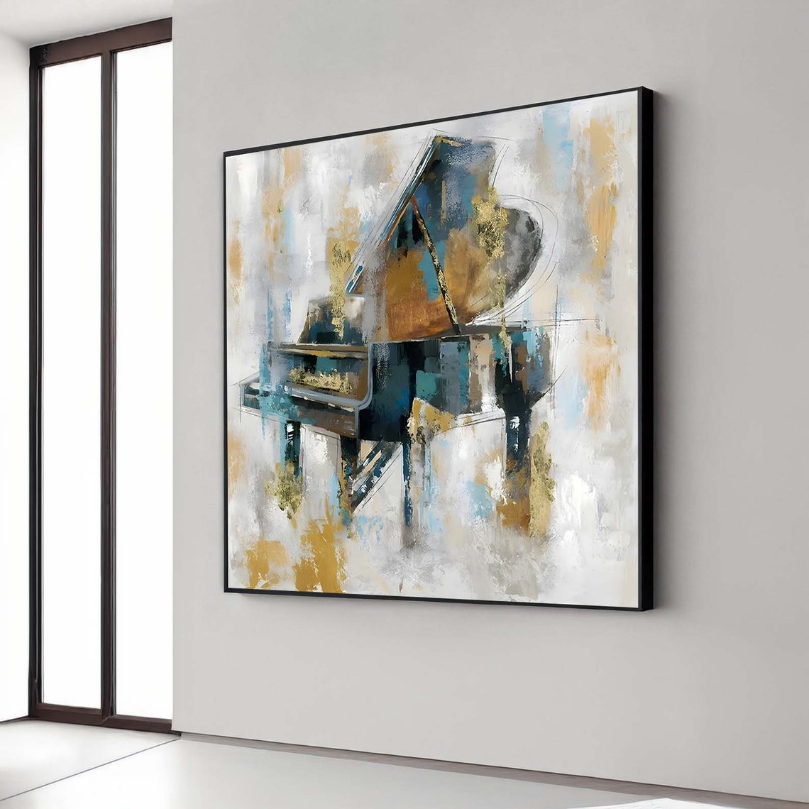 Modern Abstract Grand Piano Blue Gold Brushstroke Music Canvas Poster