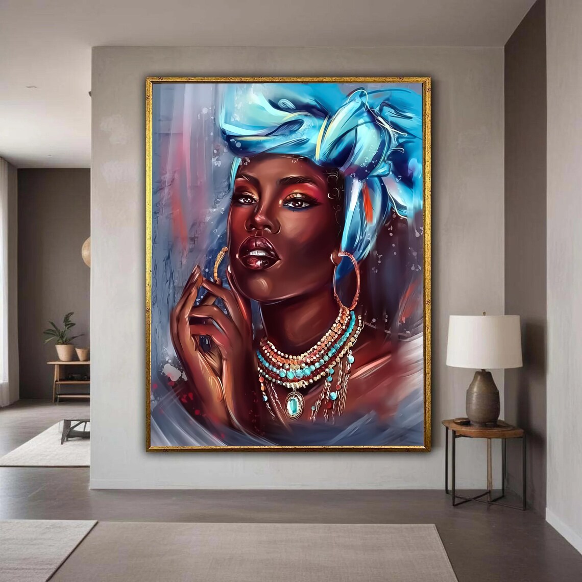 African Woman Portrait Blue Headwrap Beaded Necklaces Art Poster