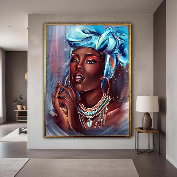 African Woman Portrait Blue Headwrap Beaded Necklaces Art Poster