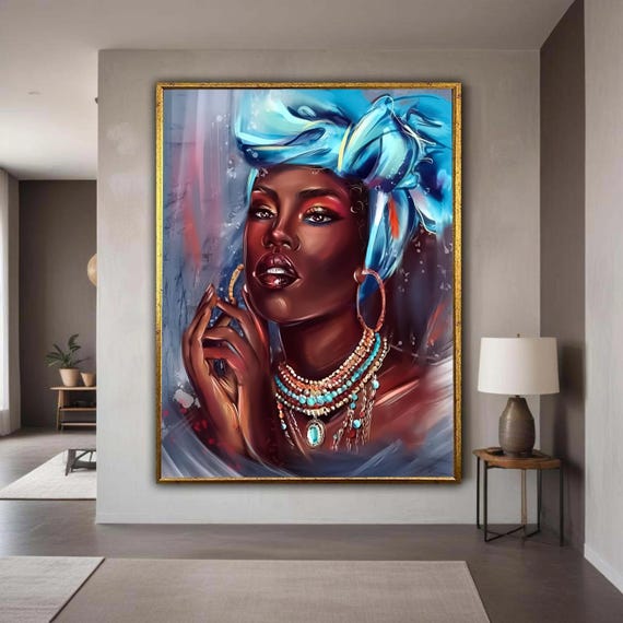 Elegant African Woman Portrait Canvas Blue Headwrap Wall Art Ethnic Jewelry Painting Modern Artistic Face Gift Home Decor