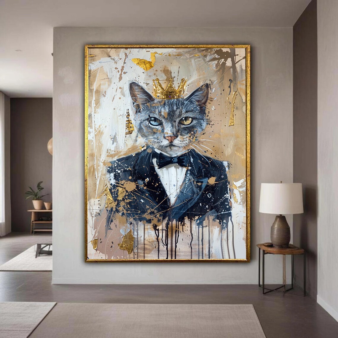 Cat In Tuxedo Gold Crown Whimsical Royal Portrait Fun Pet Art Poster