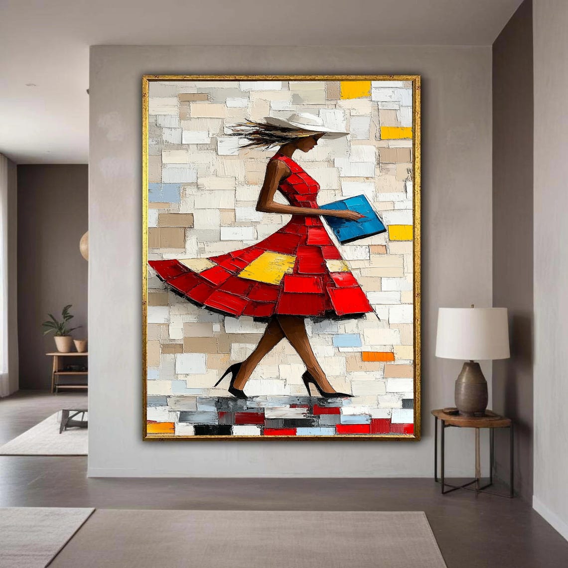 Modern Fashion Woman In Red Dress Canvas Abstract Female Portrait Wall Art Stylish Lady With Hat Painting Gift Home Decor