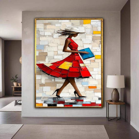 Modern Fashion Woman In Red Dress Canvas Abstract Female Portrait Wall Art Stylish Lady With Hat Painting Gift Home Decor