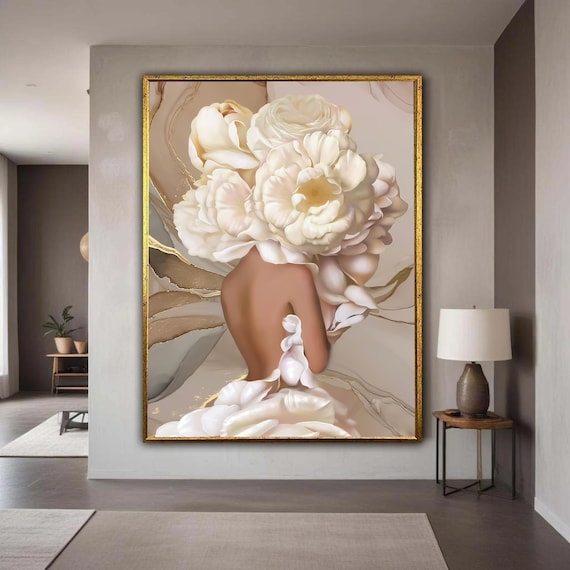 Elegant Nude Woman With White Flowers Canvas Feminine Floral Art Soft Pastel Wall Decor Modern Botanical Gift Home